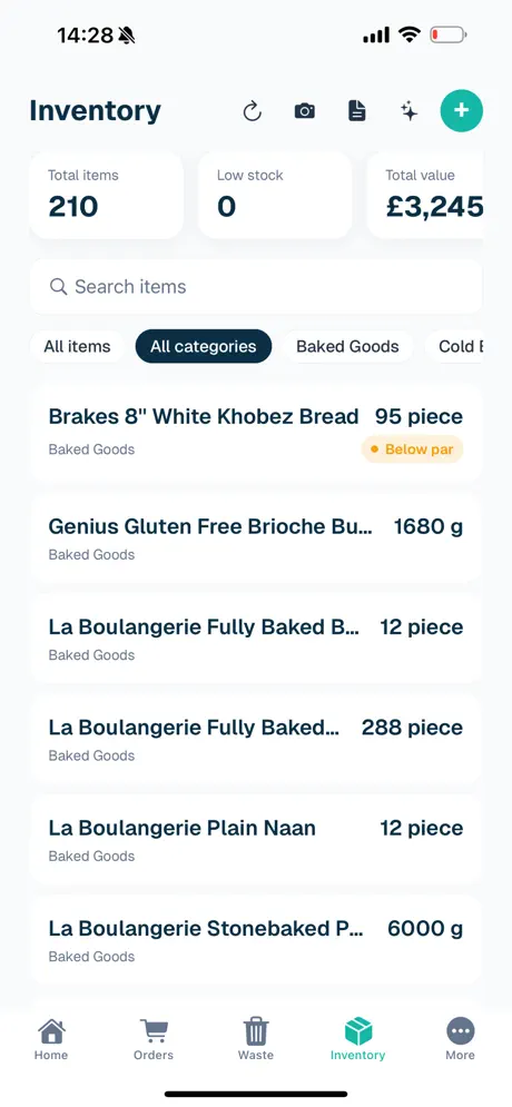 The Dacy mobile app showing live inventory: 210 items, nothing low on stock, £3,245 of stock on hand, with per-item counts and a below-par flag