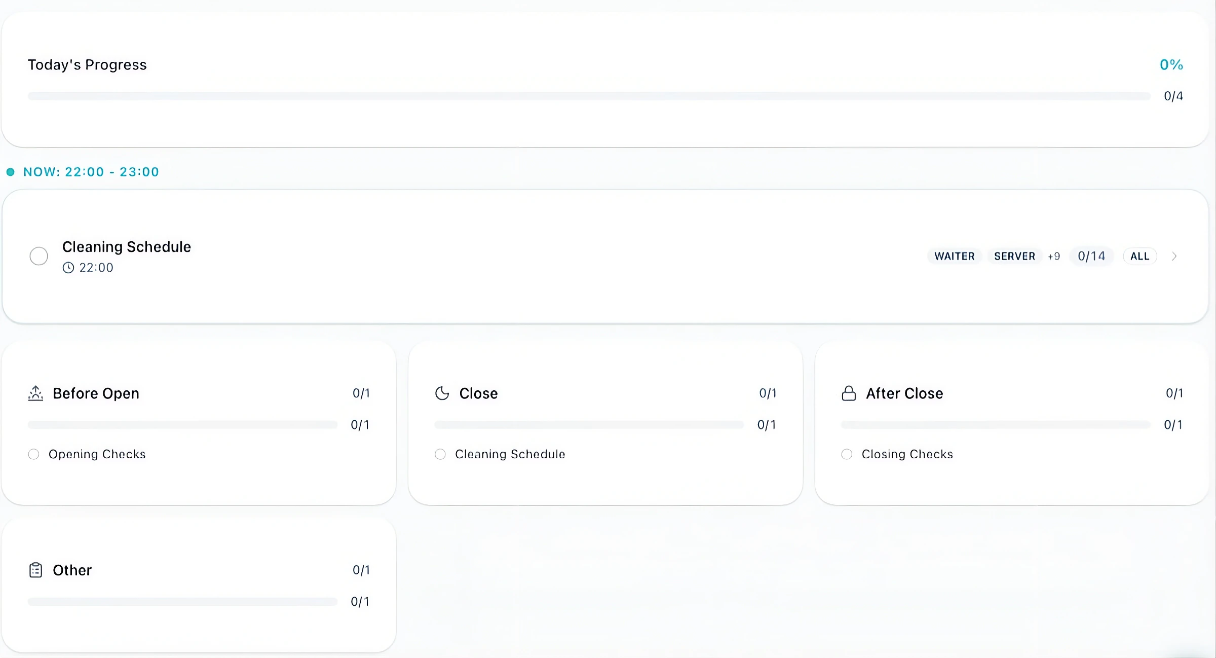 Dacy checklist screen showing today's progress and opening, closing and after-close checks